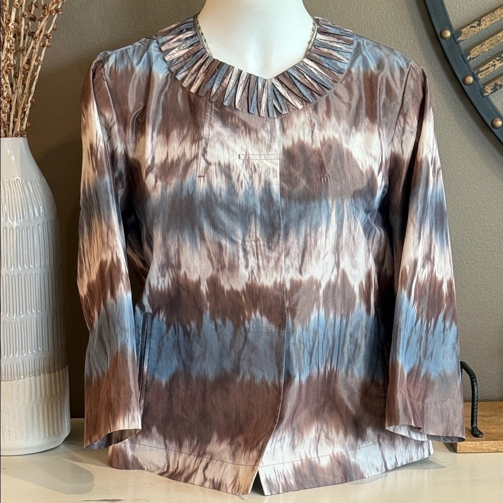 CHICO'S Brown & Blue Tie-Dye Lightweight Jacket Blazer Topper Large 12